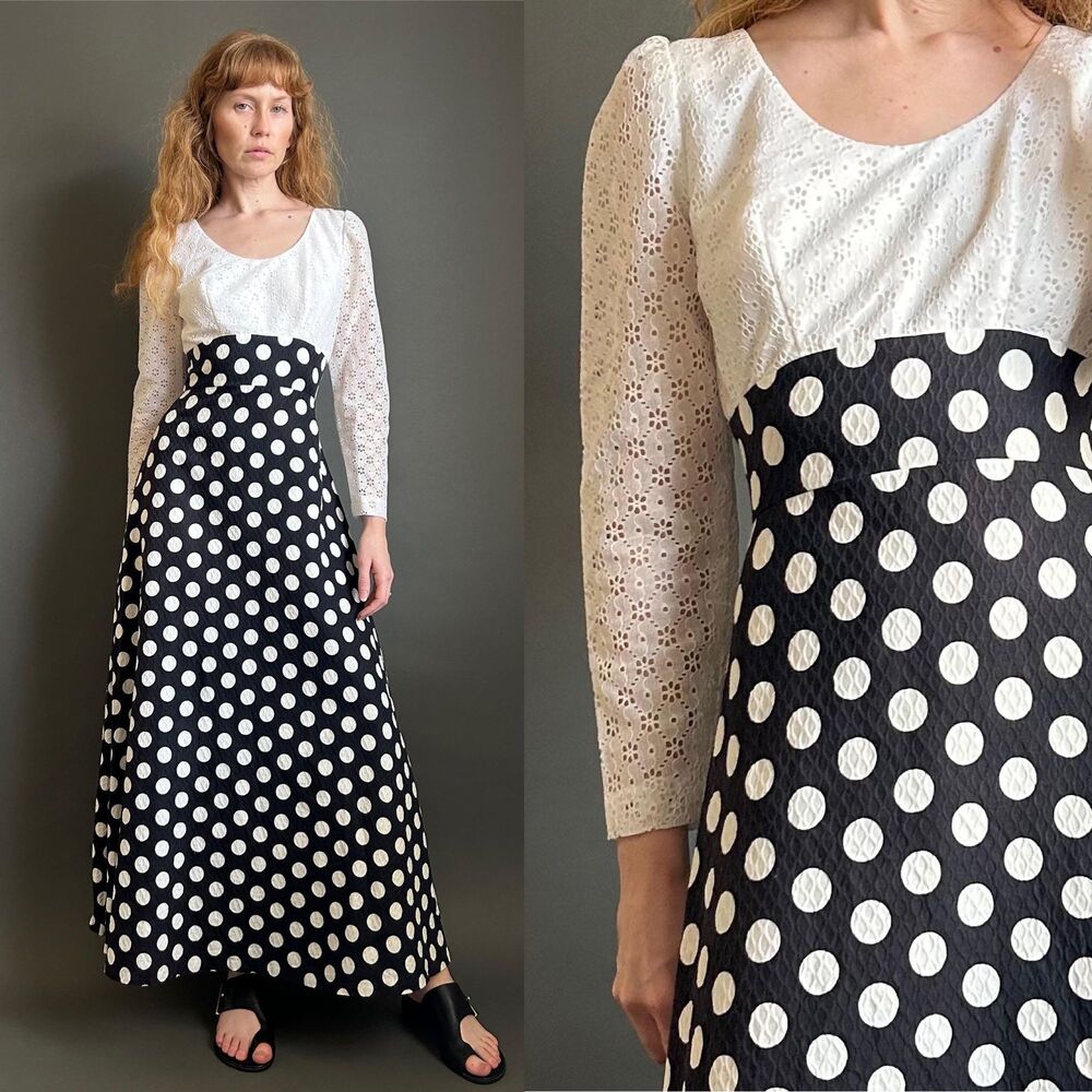 Vintage 1970s Polka Dot A-line Maxi Dress, Small